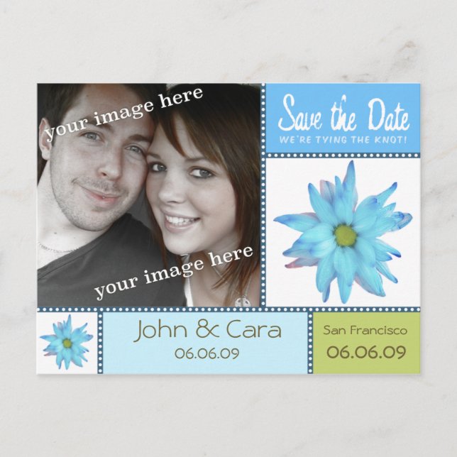 Blue Floral Enregistrer la date Carte postale (Devant)