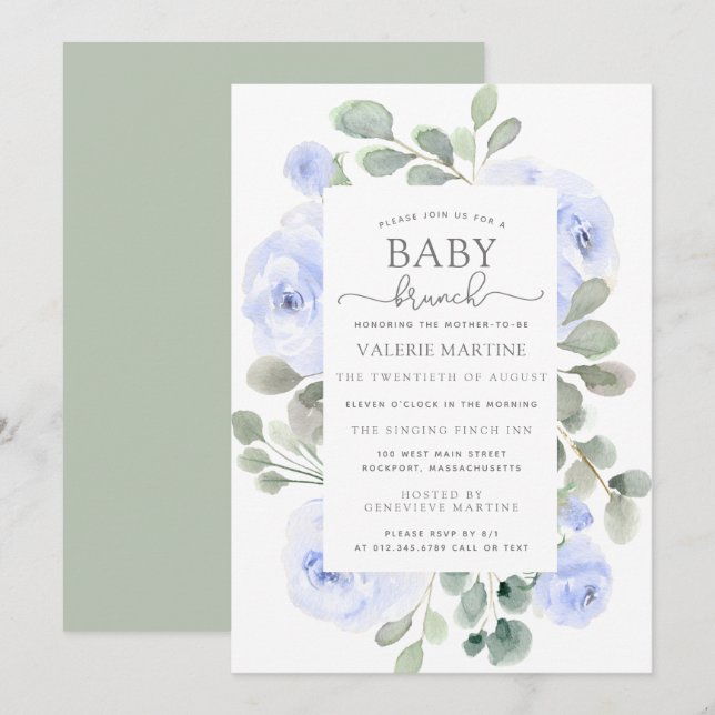 Blue Floral Eucalyptus Baby Brunch Invitation (Devant / Derrière)