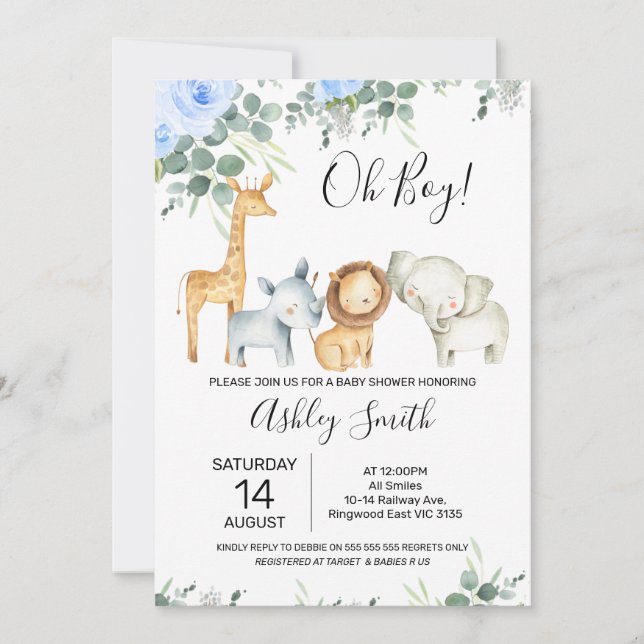 Blue Floral Eucalyptus Cute Safari Baby Shower Invitation (Front)