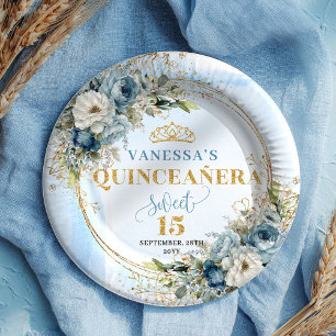 Blue Floral Eucalyptus Gold Custom Quinceañera  Paper Plate