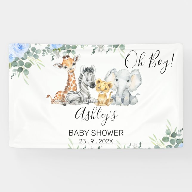 Blue Floral Eucalyptus Safari Baby Shower Banner (Horizontal)