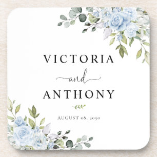 Blue Floral Eucalyptus Square Wedding Coaster