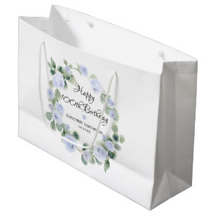 Blue Floral Eucalyptus Wreath 100th Birthday Large Gift Bag