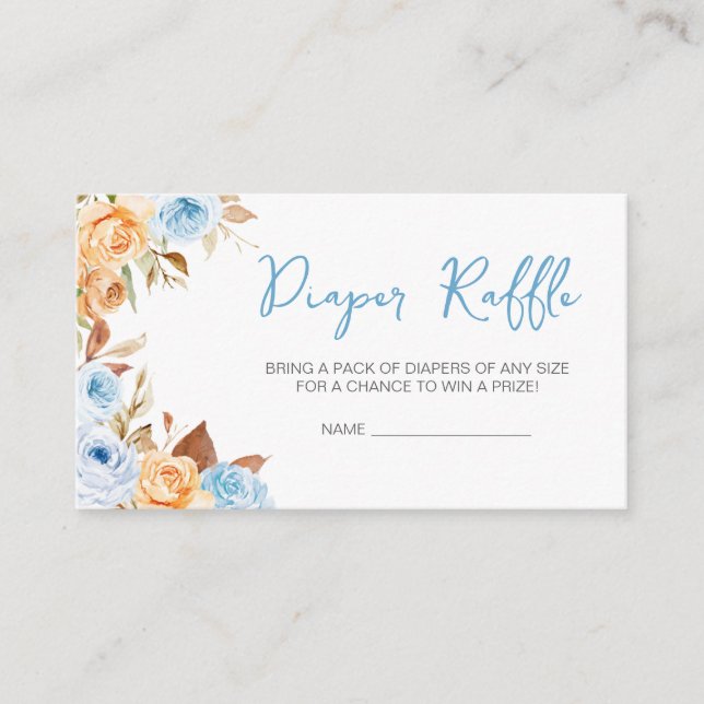 Blue Floral Fall Pumpkin Baby Shower Diaper Raffle Enclosure Card (Front)