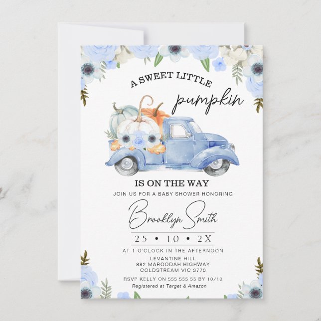 Blue Floral Fall Pumpkin Truck Baby Shower Invitation (Front)