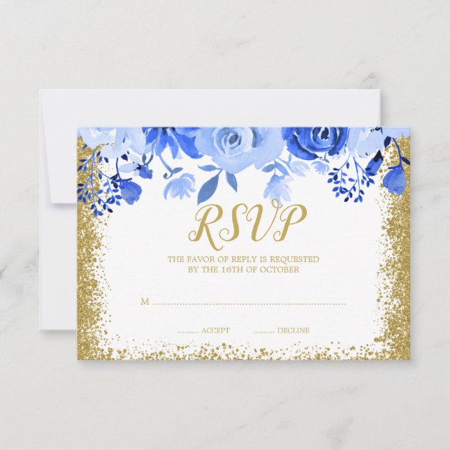 Blue Floral Faux Gold Glitter Quinceanera RSVP Card (Front)