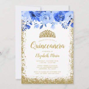 Blue Floral Faux Gold Glitter Tiara Quinceanera Invitation