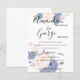 Blue Floral Faux Vellum Effet Faire-part de mariag