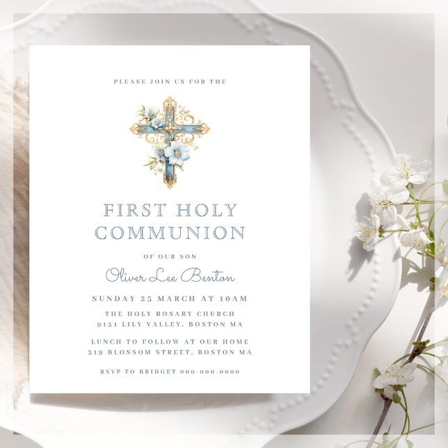 Blue Floral First Communion Budget Invitation (Creator Uploaded)