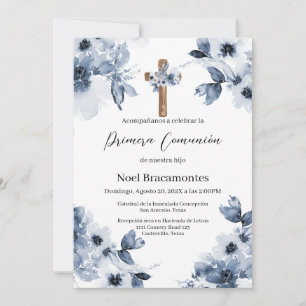 Blue floral first communion invitation in spanish