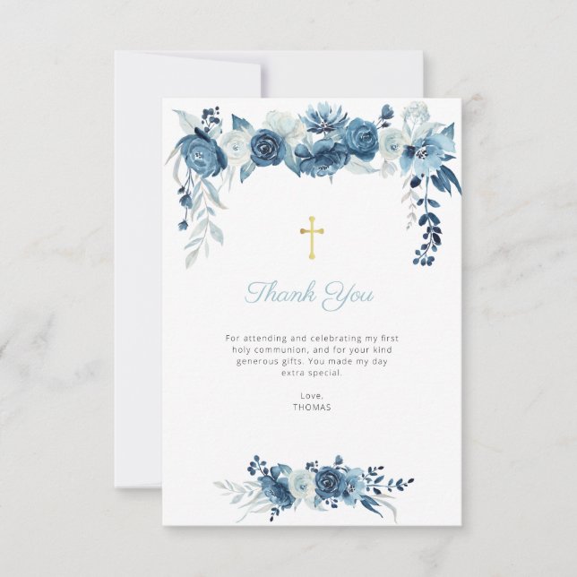 blue floral first communion thank you card (Front)