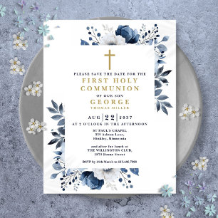 Blue Floral First Holy Communion Save The Date Postcard