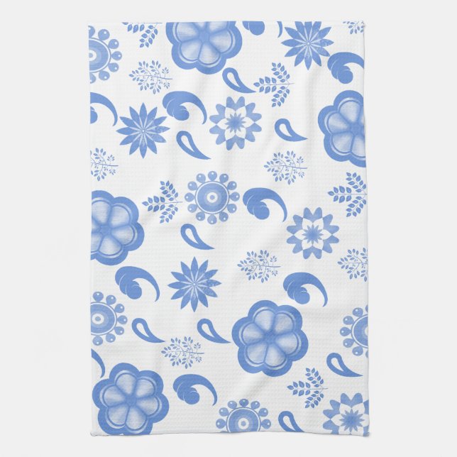 Blue Floral Flourish Toile Kitchen Towel (Vertical)