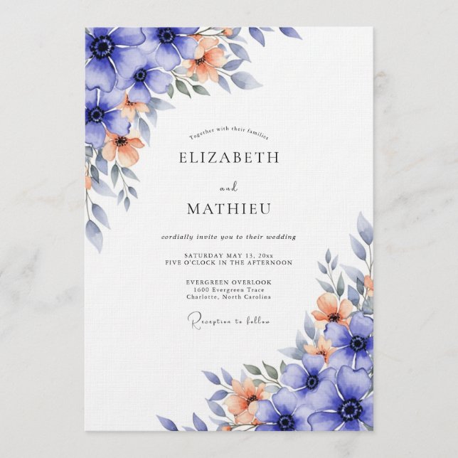 Blue Floral Flourish Wedding Invitation (Front)