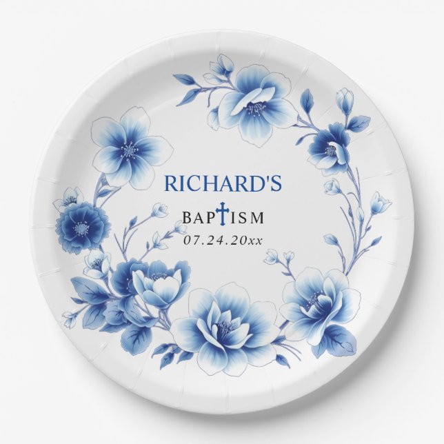 Blue floral frame Chinoiserie flowers boy Baptism Paper Plate (Front)