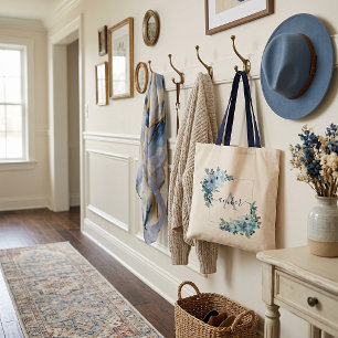 Blue floral frame personalized tote bag