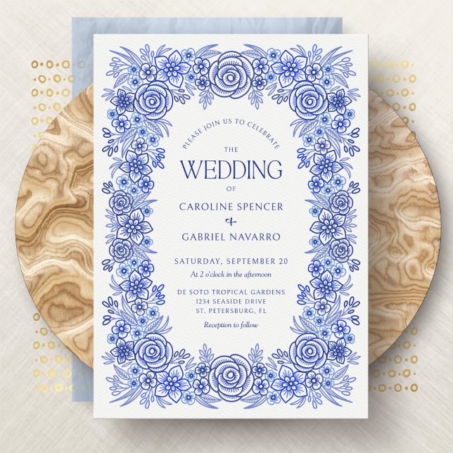 Blue Floral French Chinoiserie Wedding Invitation (Creator Uploaded)