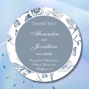 Blue Floral French Christian Wedding Thank You Classic Round Sticker