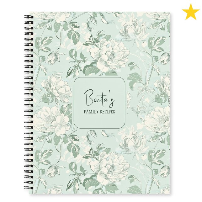 Blue Floral French Toile Flower Custom Name Recipe Notebook (Creator Uploaded)