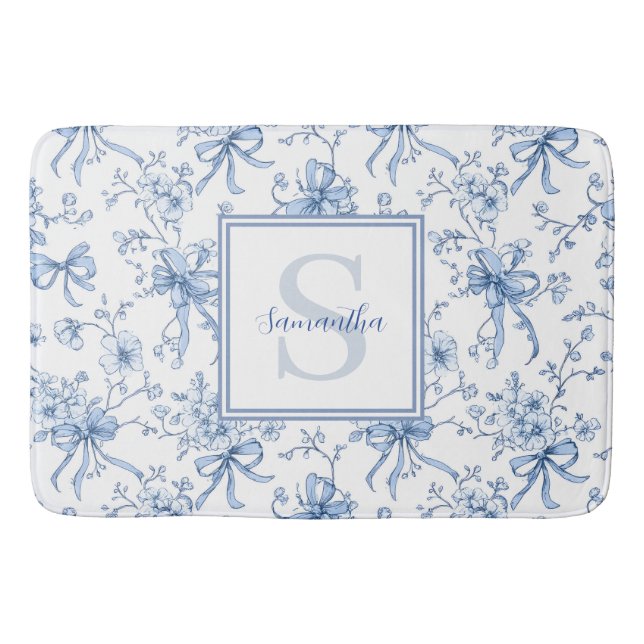 Blue Floral French Toile Monogram Name  Bath Mat (Front)