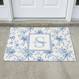 Blue Floral French Toile Monogram Name  Doormat