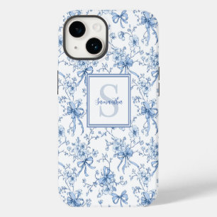 Blue Floral French Toile Monogram Name iPhone 14 Case