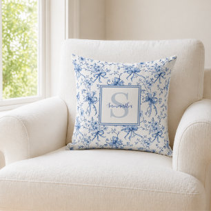 Blue Floral French Toile Monogram Name Throw Pillow