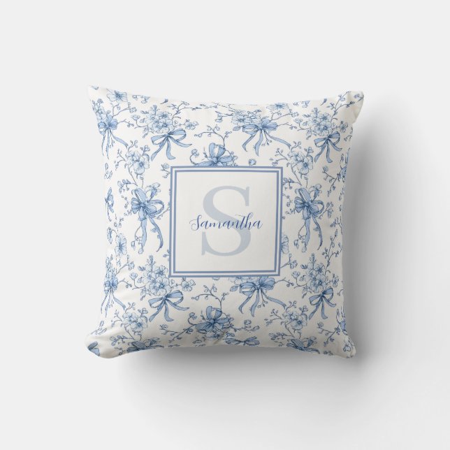Blue Floral French Toile Monogram Name Throw Pillow (Front)