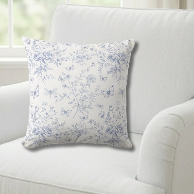 Blue Floral French Toile  Throw Pillow (Creator Uploaded)