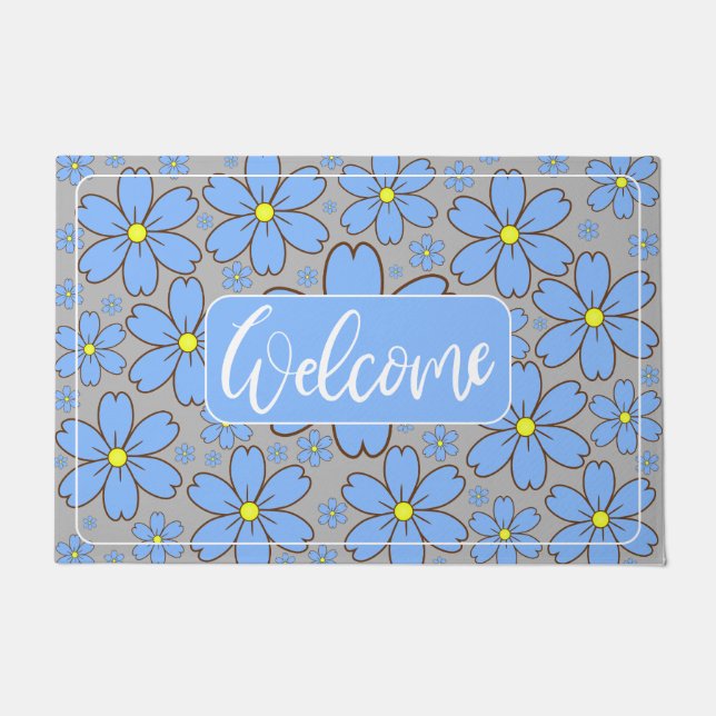 Blue Floral Front Door Welcome Mat (Front)