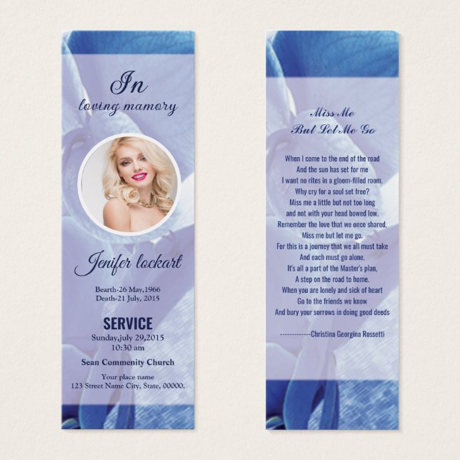 Blue Floral Funeral bookmark template (Front & Back)