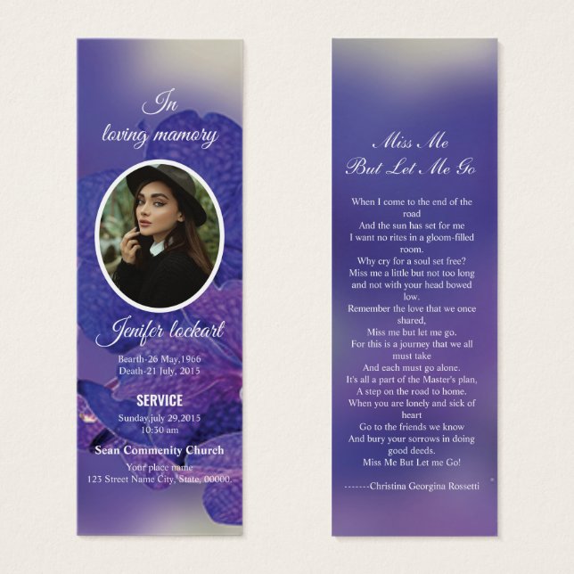 Blue Floral Funeral Bookmark Template (Front & Back)