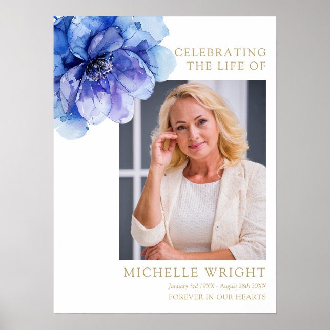Blue Floral Funeral Celebration Of Life Photo Sign (Front)