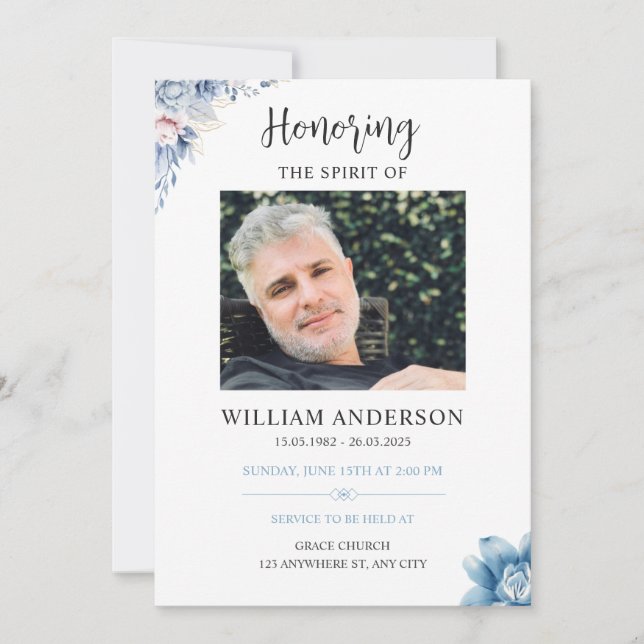 Blue Floral Funeral Invitation Celebration of Life (Front)