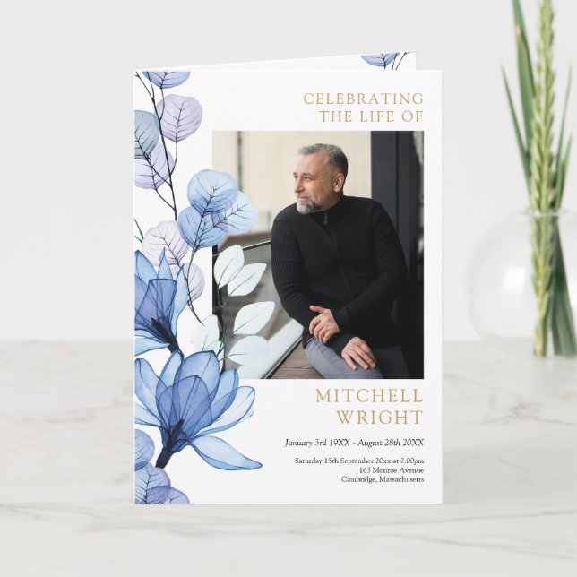 Blue Floral Funeral Memorial Order Of Service Program (Front)