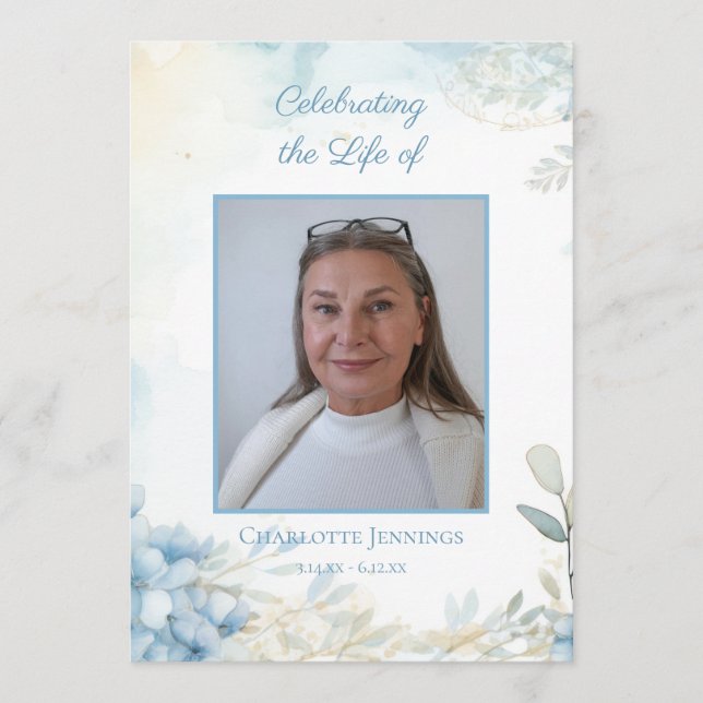 Blue Floral Funeral Memorial Order of Service Program (Front)