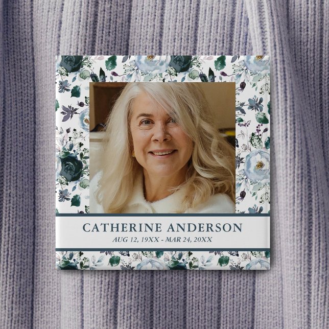 Blue Floral Funeral Memorial Photo Button (Creator Uploaded)