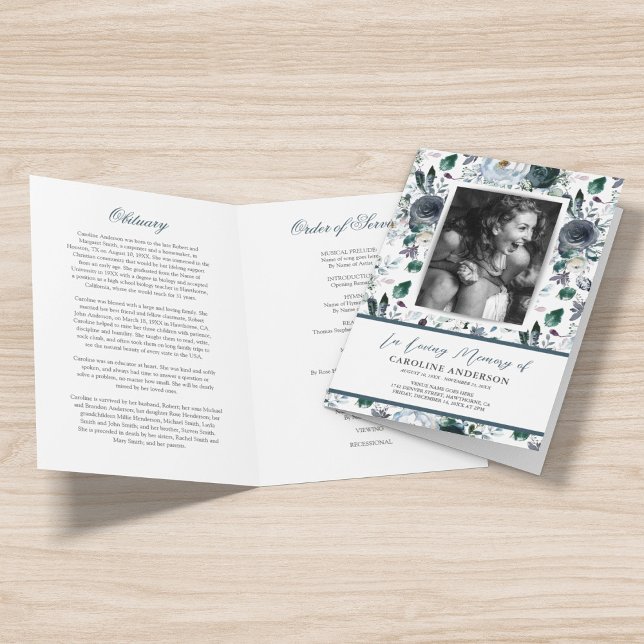 Blue Floral Funeral Order of Service Photo Program (Creator Uploaded)