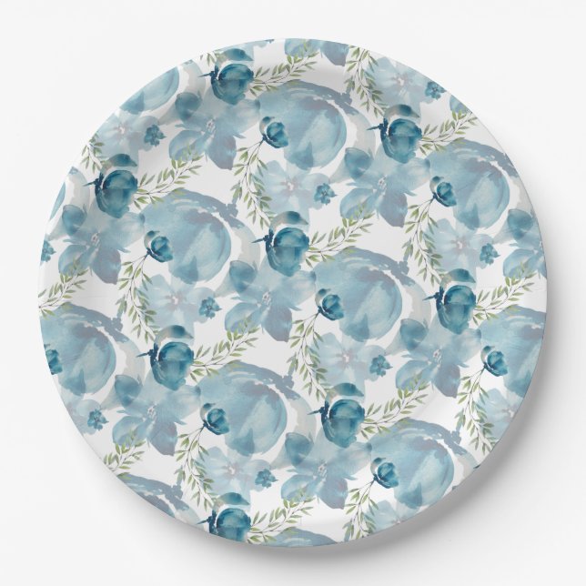 Blue Floral Fusion Watercolor Hand-painted Paper Plate (Front)