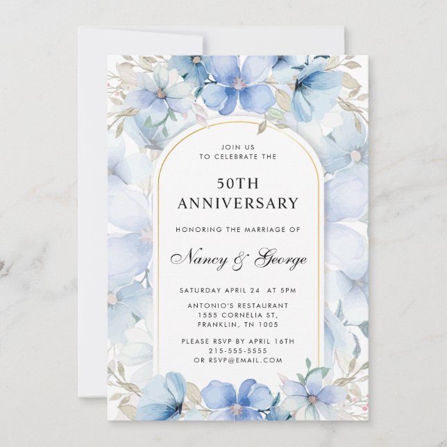 Blue Floral Garden 50th Wedding Anniversary Invitation (Front)