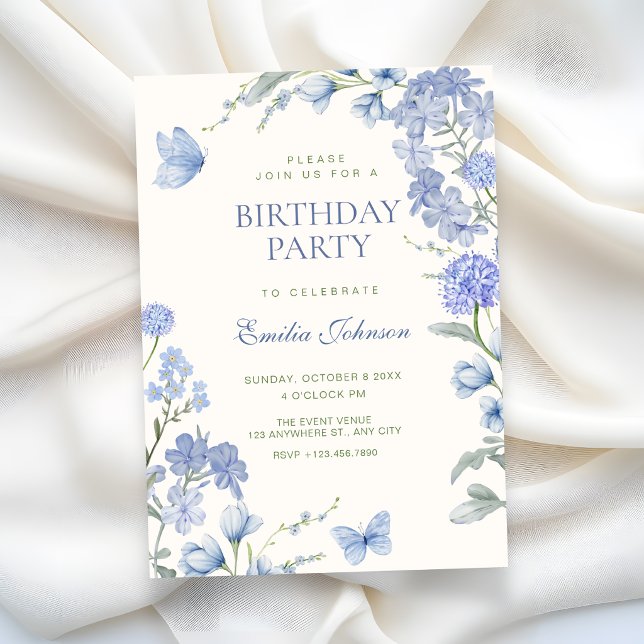 Blue floral garden birthday invitation (Creator Uploaded)