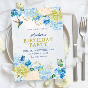 Blue floral garden birthday invitation