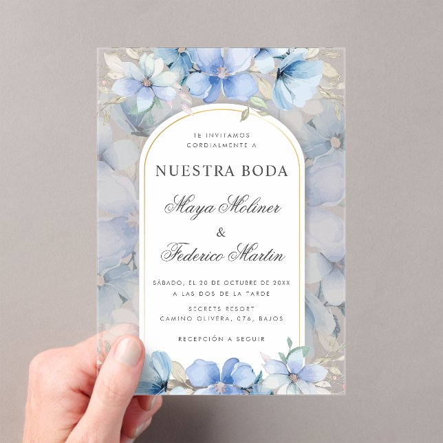 Blue Floral Garden Nuestra Boda Spanish Wedding Acrylic Invitations (Insitu (Handheld))