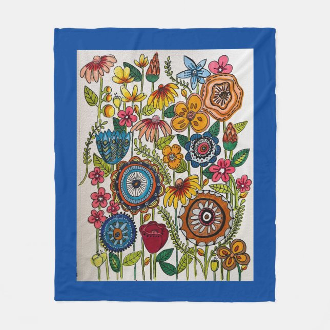 Blue Floral Garden Throw Fleece Blanket (Front)