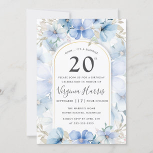 Blue Floral Garden Twenty 20th Birthday Invitation