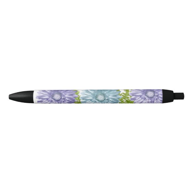 Blue Floral Gerbera Daisy Flowers Black Ink Pen (Front)