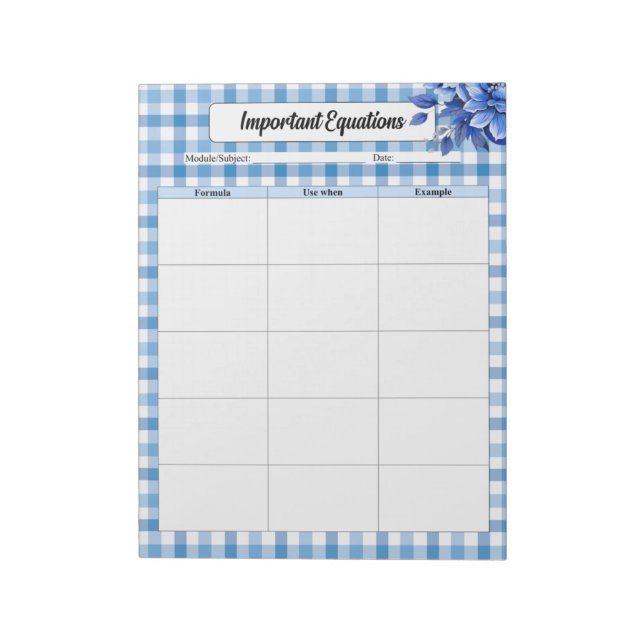Blue Floral Gingham _ Important Equations Notepad (Rotated)