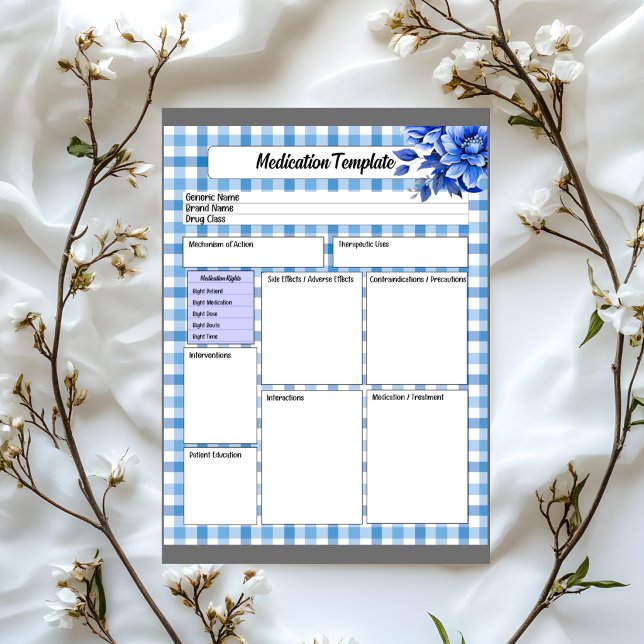 Blue Floral Gingham  _ Medication Template Notepad (Creator Uploaded)