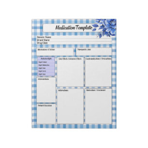 Blue Floral Gingham  _ Medication Template Notepad