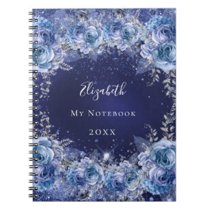 Blue floral glitter name glamourous notebook